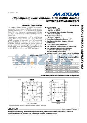 MAX4783 datasheet - High-Speed, Low-Voltage, 0.7OHM CMOS Analog Switches/Multiplexers