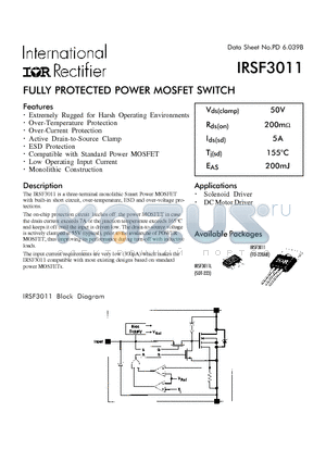IRSF3011 datasheet - FULLY PROTECTED POWER MOSFET SWITCH(Vds=50V, Rds(on)=200mohm)