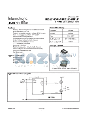 IRS2334SPBF datasheet - 3 PHASE GATE DRIVER HVIC