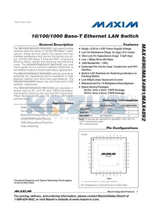 MAX4890 datasheet - 10/100/1000 Base-T Ethernet LAN Switch