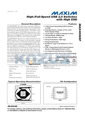MAX4906EFELB datasheet - High-/Full-Speed USB 2.0 Switches with High ESD