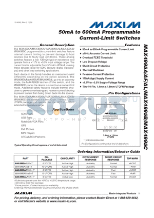 MAX4995AL datasheet - 50mA to 600mA Programmable Current-Limit Switches