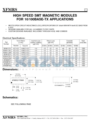 XF6612TX1 datasheet - HIGH SPEED SMT MAGNETIC MODULES FOR 10/100BASE-TX APPLICATIONS