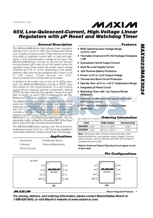 MAX5023 datasheet - 65V, Low-Quiescent-Current, High-Voltage Linear Regulators with lP Reset and Watchdog Timer