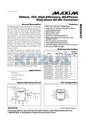 MAX5033AUSA datasheet - 500mA, 76V, High-Efficiency, MAXPower Step-Down DC-DC Converter