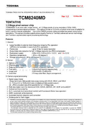 TCM8240MD datasheet - 1.3 Mega pixel sensor chip