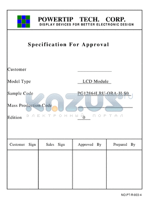 PG12864LRU-ORA-H-S0 datasheet - LCD Module
