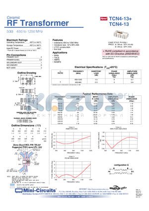 TCN4-13+ datasheet - Ceramic RF Transformer