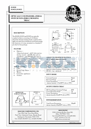 IS3020 datasheet - OPTICALLY COUPLED BILATERAL SWITCH NON-ZERO CROSSING TRIAC