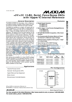 MAX5133BEEE datasheet - 5V/3V, 13-Bit, Serial, Force/Sense DACs with 10ppm/`C Internal Reference