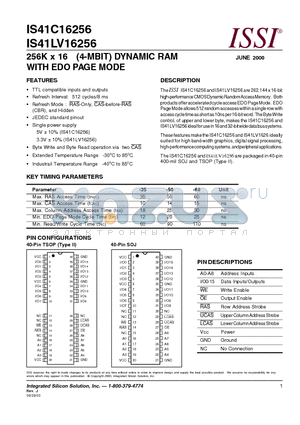 IS41C16256-60KI datasheet - 256K x 16 (4-MBIT) DYNAMIC RAM WITH EDO PAGE MODE