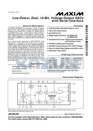 MAX5158 datasheet - Low-Power, Dual, 10-Bit, Voltage-Output DACs with Serial Interface