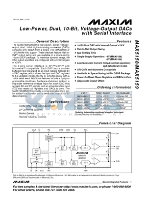 MAX5159MJE datasheet - Low-Power, Dual, 10-Bit, Voltage-Output DACs with Serial Interface