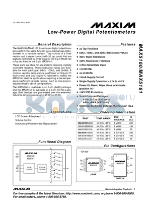 MAX5160LEUA datasheet - Low-Power Digital Potentiometers