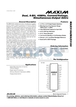 MAX5189BEEI datasheet - Dual, 8-Bit, 40MHz, Current/Voltage, Simultaneous-Output DACs