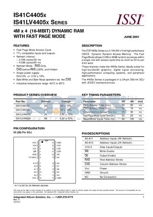 IS41LV4405X datasheet - 4M x 4 (16-MBIT) DYNAMIC RAM WITH FAST PAGE MODE