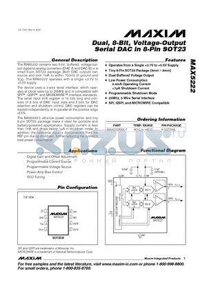 MAX5222EKA-T datasheet - Dual, 8-Bit, Voltage-Output Serial DAC in 8-Pin SOT23
