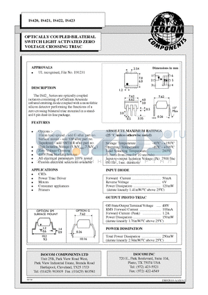 IS420 datasheet - OPTICALLY COUPLED BILATERAL SWITCH LIGHT ACTIVATED ZERO VOLTAGE CROSSING TRIAC