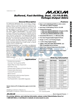 MAX5295 datasheet - Buffered, Fast-Settling, Dual, 12-/10-/8-Bit, Voltage-Output DACs