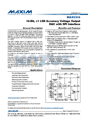 MAX5316 datasheet - 16-Bit, a1 LSB Accuracy Voltage Output DAC with SPI Interface