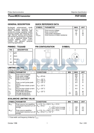 PHP1N50E datasheet - PowerMOS transistor