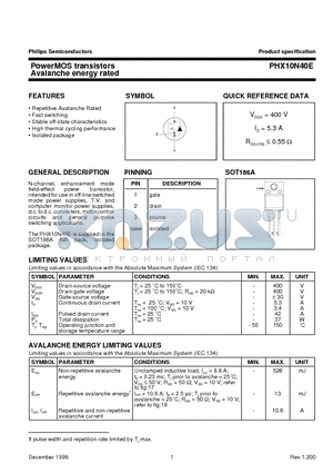 PHX10N40E datasheet - PowerMOS transistors Avalanche energy rated