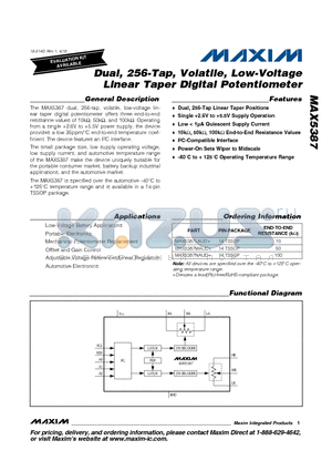 MAX5387NAUD+ datasheet - Dual, 256-Tap, Volatile, Low-Voltage Linear Taper Digital Potentiometer