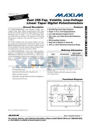 MAX5391MATE+ datasheet - Dual 256-Tap, Volatile, Low-Voltage Linear Taper Digital Potentiometers