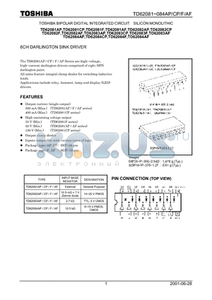 TD62081AP datasheet - 8CH DARLINGTON SINK DRIVER