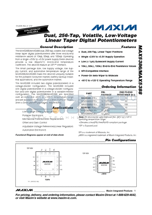 MAX5386NATE+ datasheet - Dual, 256-Tap, Volatile, Low-Voltage Linear Taper Digital Potentiometers