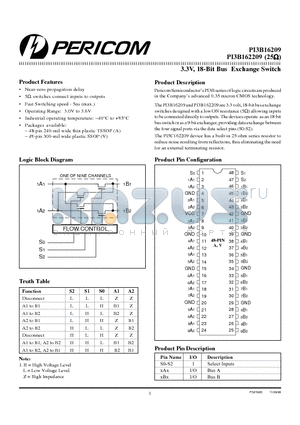 PI3B162209 datasheet - 3.3V, 18-Bit Bus Exchange Switch