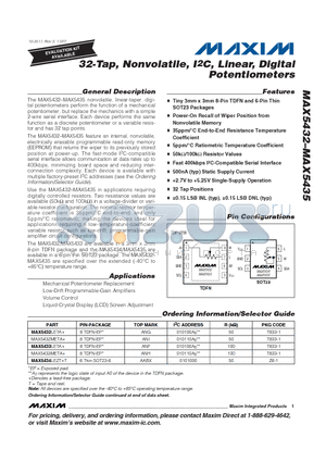 MAX5435 datasheet - 32-Tap, Nonvolatile, I2C, Linear, Digital Potentiometers