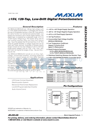 MAX5437EUD datasheet - a15V, 128-Tap, Low-Drift Digital Potentiometers