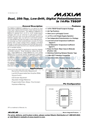 MAX5415 datasheet - Dual, 256-Tap, Low-Drift, Digital Potentiometers in 14-Pin TSSOP