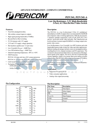 PI3V341QE datasheet - Low On-Resistance, 3.3V High-Bandwidth 3-Port, 4:1 Mux/DeMux Video Switch