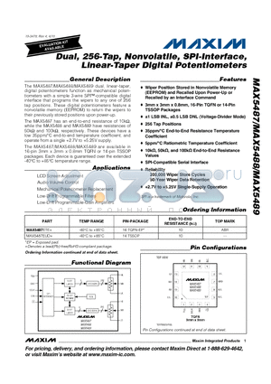 MAX5488 datasheet - Dual, 256-Tap, Nonvolatile, SPI-Interface, Linear-Taper Digital Potentiometers