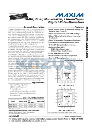 MAX5496ETE datasheet - 10-Bit, Dual, Nonvolatile, Linear-Taper Digital Potentiometers