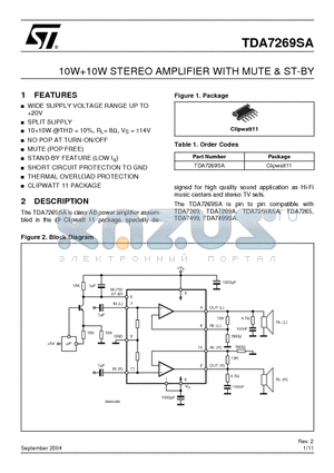 TDA7269SA datasheet - 10W10W STEREO AMPLIFIER WITH MUTE & ST-BY