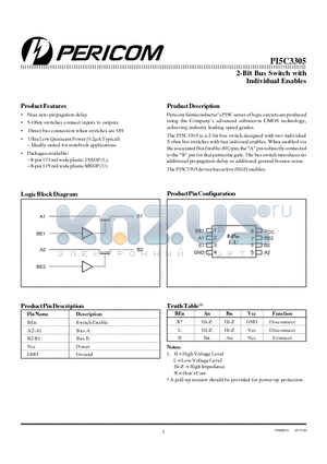 PI5C3305L datasheet - 2-Bit Bus Switch with Individual Enables