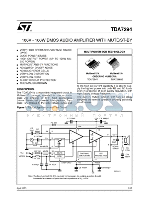 TDA7294HS datasheet - 100V - 100W DMOS AUDIO AMPLIFIER WITH MUTE/ST-BY