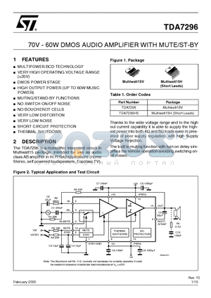 TDA7296_05 datasheet - 70V - 60W DMOS AUDIO AMPLIFIER WITH MUTE/ST-BY