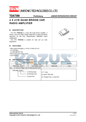 TDA7388 datasheet - 4 X 41W QUAD BRIDGE CAR RADIO AMPLIFIER