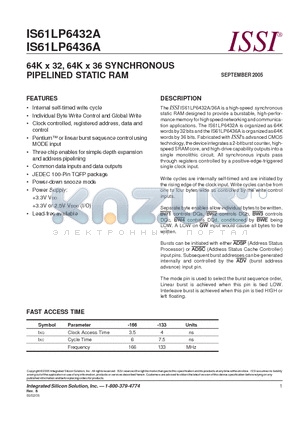 IS61LP6432A-133TQI datasheet - 64K x 32, 64K x 36 SYNCHRONOUS PIPELINED STATIC RAM