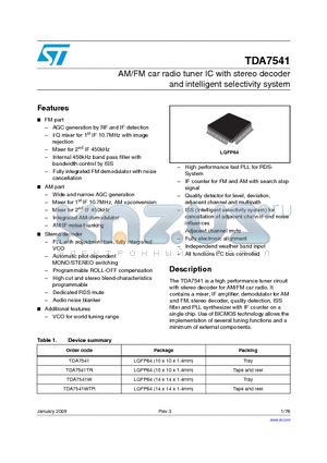 TDA7541TR datasheet - AM/FM car radio tuner IC with stereo decoder and intelligent selectivity system