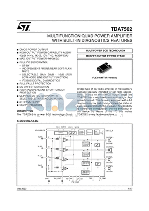 TDA7562 datasheet - MULTIFUNCTION QUAD POWER AMPLIFIER WITH BUILT-IN DIAGNOSTICS FEATURES