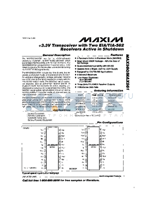 MAX560 datasheet - 3.3V Transceiver with Wow EIA/TIA-562 Receivers Active in Shutdown