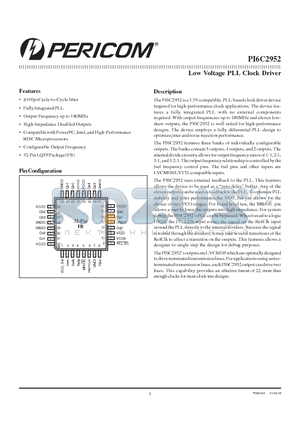 PI6C2952FBE datasheet - Low Voltage PLL Clock Driver