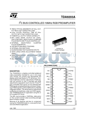 TDA9203 datasheet - I2C BUS CONTROLLED 70MHz RGB PREAMPLIFIER