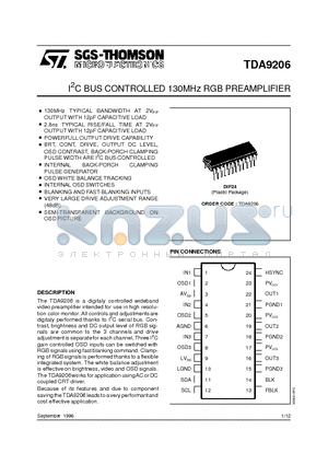 TDA9206 datasheet - I2C BUS CONTROLLED 130MHz RGB PREAMPLIFIER