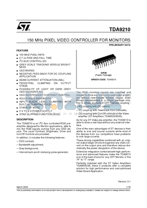 TDA9210 datasheet - 150 MHz PIXEL VIDEO CONTROLLER FOR MONITORS